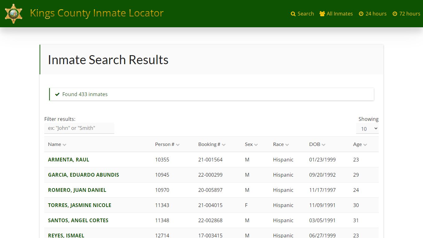 Inmate Search Results - County of Kings Inmate Locator